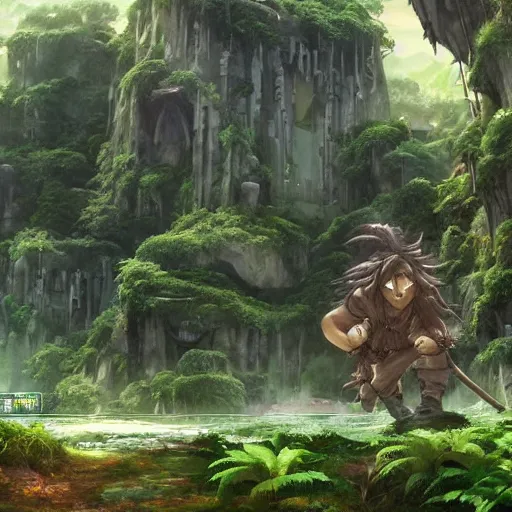 Prompt: a giant troll in city ruins overtaken by vegetation in anime style highly detailed by makoto Shinkai and Raphael Lacoste