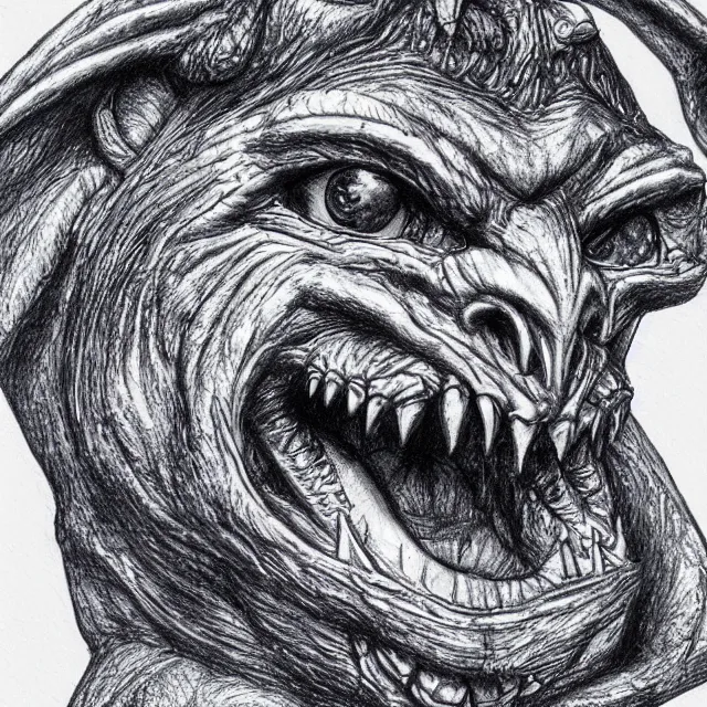 Prompt: highly detailed ballpoint pen illustration of a gargoyle