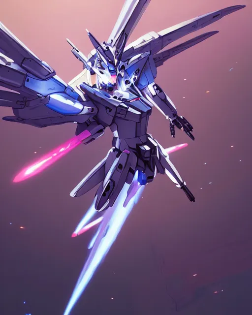 Image similar to highly detailed vfx portrait of an angel wings gundam with wings of feathers beam saber fighting in space with a beam gun, unreal engine, greg rutkowski, loish, rhads, beeple, makoto shinkai and lois van baarle, ilya kuvshinov, rossdraws, tom bagshaw, alphonse mucha, global illumination, detailed and intricate environment