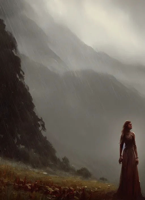 Prompt: epic portrait cinematic shot an female standing infront of an giant in the hills, cloudy, foggy, storm, lighting strikes, fine details. night setting. realistic shaded lighting poster by craig mullism, artgerm, jeremy lipkin and michael garmash, unreal engine, radiant light, detailed and intricate environment, digital art, trending on art station,