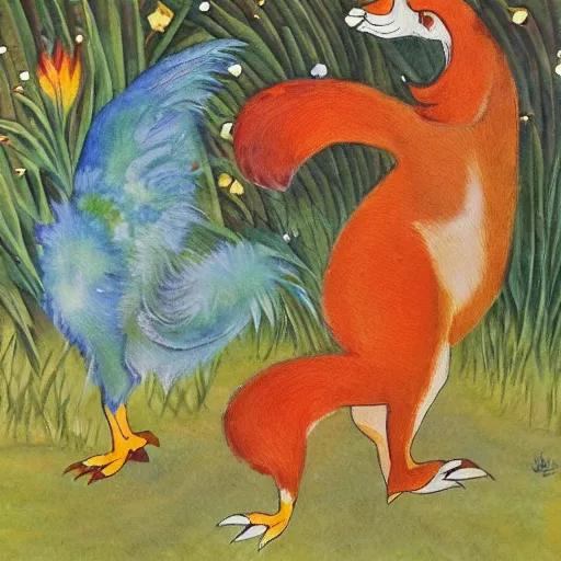 Prompt: a smug fox dances with a pretty chicken, Louis William Wain watercolor,