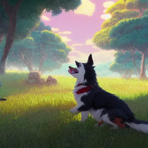 Image similar to a wholesome animation key shot of an australian shepherd, studio ghibli, pixar and disney animation, sharp, rendered in unreal engine 5, anime key art by greg rutkowski, bloom, dramatic lighting