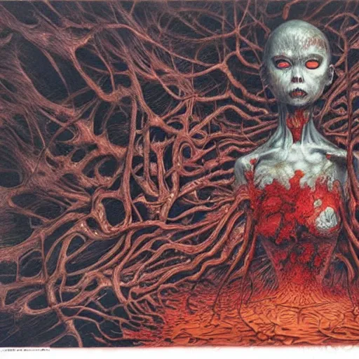 Prompt: realistic detailed image of a Horrific Crime Scene, Shintaro Kago, Kentaro Miura, Neo-Gothic, grotesque, rich deep colors. Beksinski painting, part by Adrian Ghenie and Gerhard Richter. art by Takato Yamamoto. masterpiece