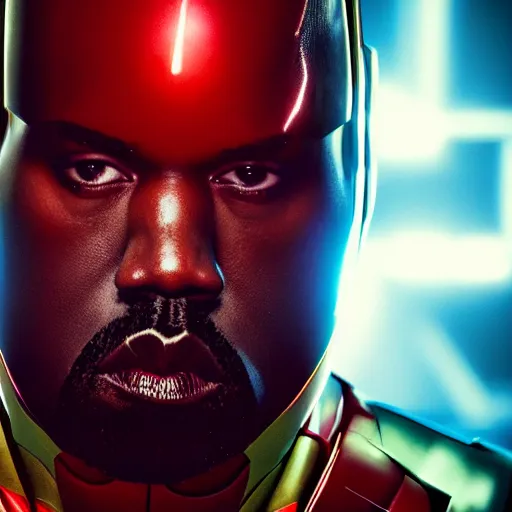 Image similar to Portrait of Kanye West in a Ironman-suit, splash art, movie still, cinematic lighting, dramatic, octane render, long lens, shallow depth of field, bokeh, anamorphic lens flare, 8k, hyper detailed, 35mm film grain