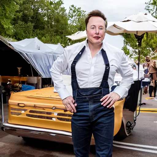 Prompt: Elon Musk serving diner food outdoors on roller skates, and wearing a diner uniform