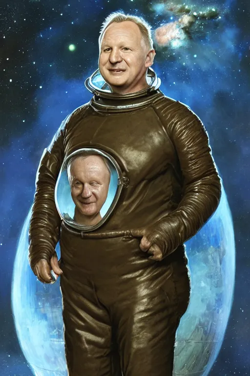 Prompt: upper body portrait of stellan skarsgård as baron harkonnen with oil running down his face wearing old leather spacesuit, detailed, sunshine, nebula space background, illustration by norman rockwell, artstation character art, john william waterhouse, concept art, greg rutkowski