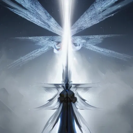 Prompt: a beacon of light is channeled from above into the tip of a white fantasy sword which splits and refracts the energy overhead by an archangel man on a medieval battlefield, artstation, deviantart, 8k, concept art, incredibly detailed art