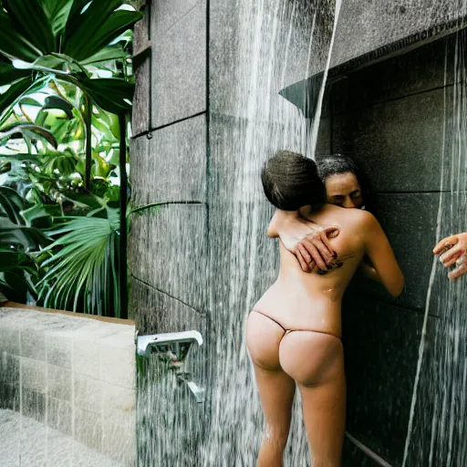 Image similar to 4 k polaroid portrait of two beautiful skinny blonde swimsuit model women showering together hugging in a tropical modern balinese bali outdoor shower with overcast moody lighting