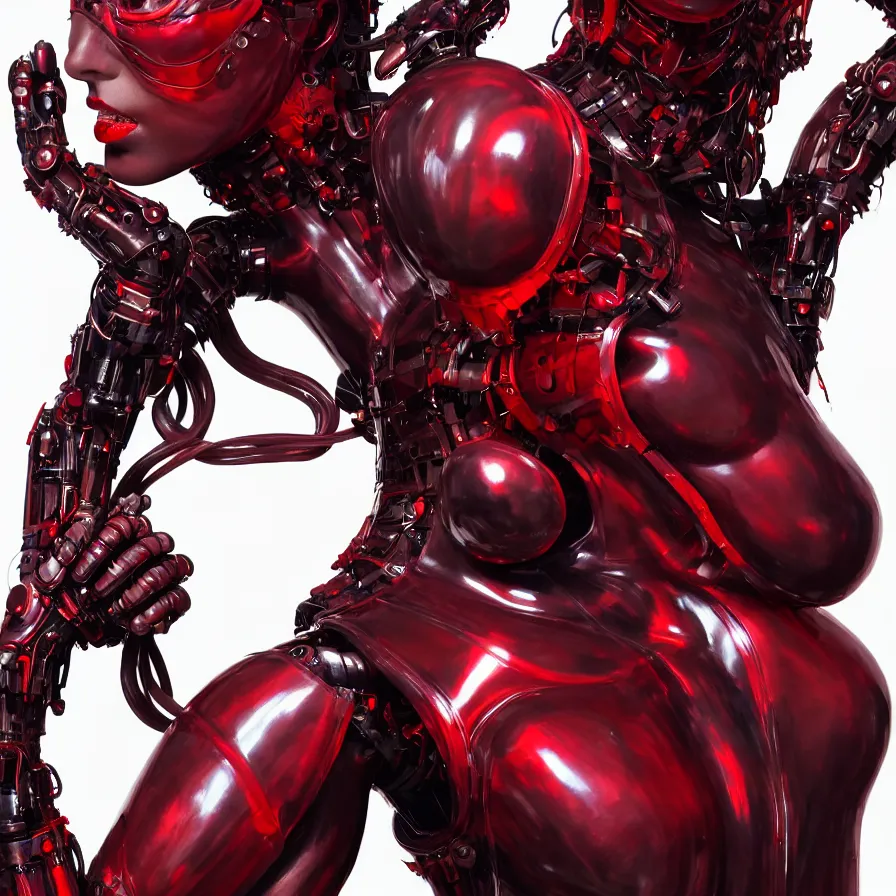 Image similar to portrait, super hero pose, catwoman red biomechanical dress, inflateble shapes, wearing epic bionic cyborg implants, masterpiece, intricate, biopunk futuristic wardrobe, highly detailed, art by akira, mike mignola, artstation, concept art, background galaxy, cyberpunk, octane render