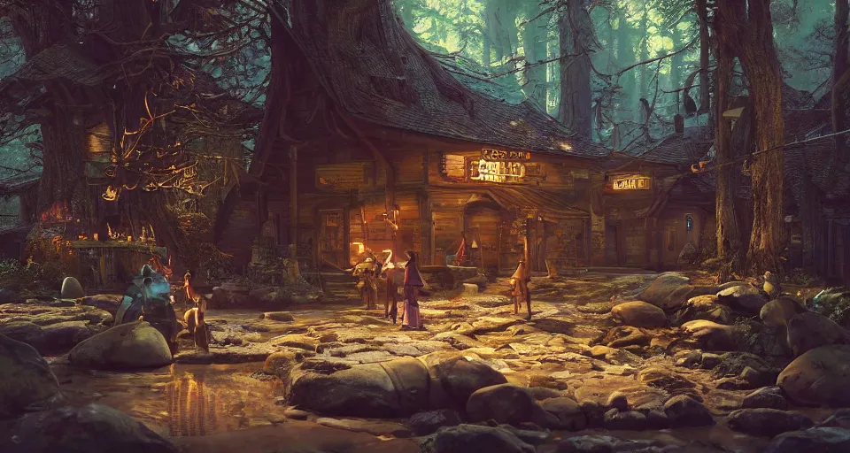 Image similar to A quiet tavern in the middle of a forgotten magical forest, rendered by simon stålenhag, rendered by Beeple, Makoto Shinkai, syd meade, environment concept, digital art, starwars, Gundam Style, unreal engine, 3 point perspective, WLOP, trending on artstation, low level, 4K UHD image, octane render,