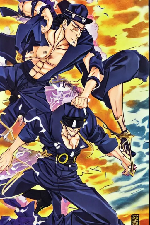 Image similar to manga cover, jotaro vs dio, art by hirohiko araki, vogue outfit, dynamic pose, action pose, muscular, cel - shading coloring