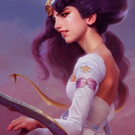 Image similar to Emily Rudd as Sailor Moon, western, D&D, fantasy, intricate, elegant, highly detailed, digital painting, artstation, concept art, matte, sharp focus, illustration, art by Artgerm and Greg Rutkowski and Alphonse Mucha