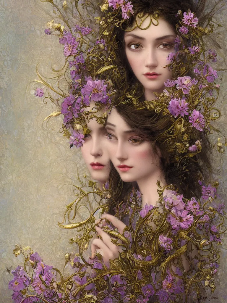 Image similar to a digital painting of a young beautiful woman with many flowers, dark pastel color scheme, jugendstil background, gold filigree, by karol bak, by emil melmoth, by Daniel Gerhartz, trending on artstation