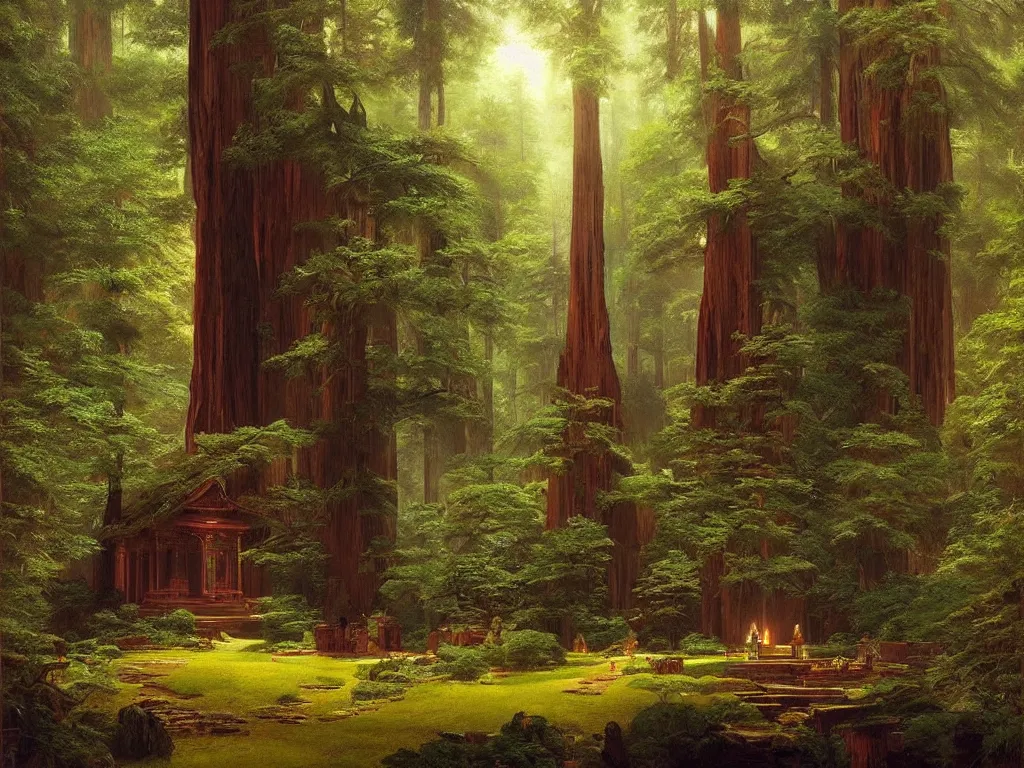 Prompt: a beautiful buddhist sanctuary in a redwood forest, art by albert bierstadt and greg rutkowski, hyperrealism, peaceful ☸ 🕉