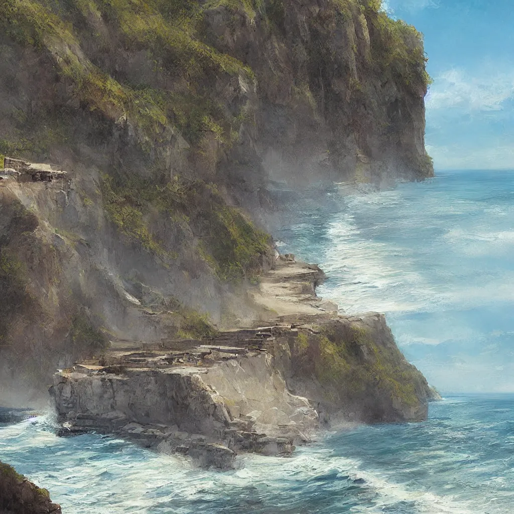 Prompt: Digital art of the bluffs by the ocean, high quality artwork by Greg Rutkowski