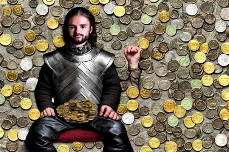 Image similar to man sitting, on a throne made of money, coins and dollars, in the style of game of thrones