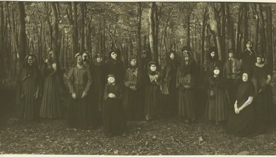 Image similar to photo of group 19th century cult cultists in the dark forest by Diane Arbus and Louis Daguerre