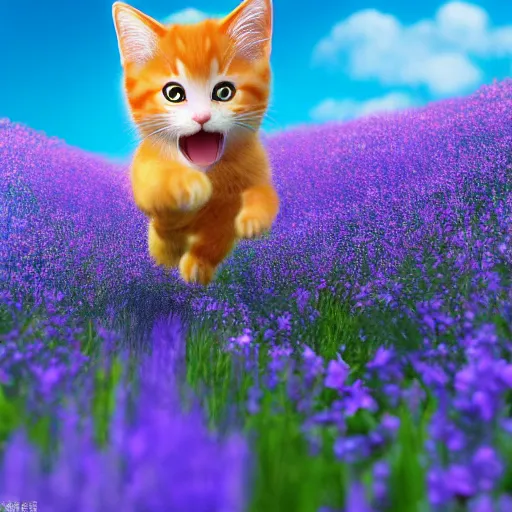 Prompt: manga cover portrait of an extremely cute and adorable happy kitten running in a flower field, summer vibrance, octane render diorama by hayao miyazaki, official studio ghibli still, color graflex macro photograph, pixiv, daz, unreal engine 5