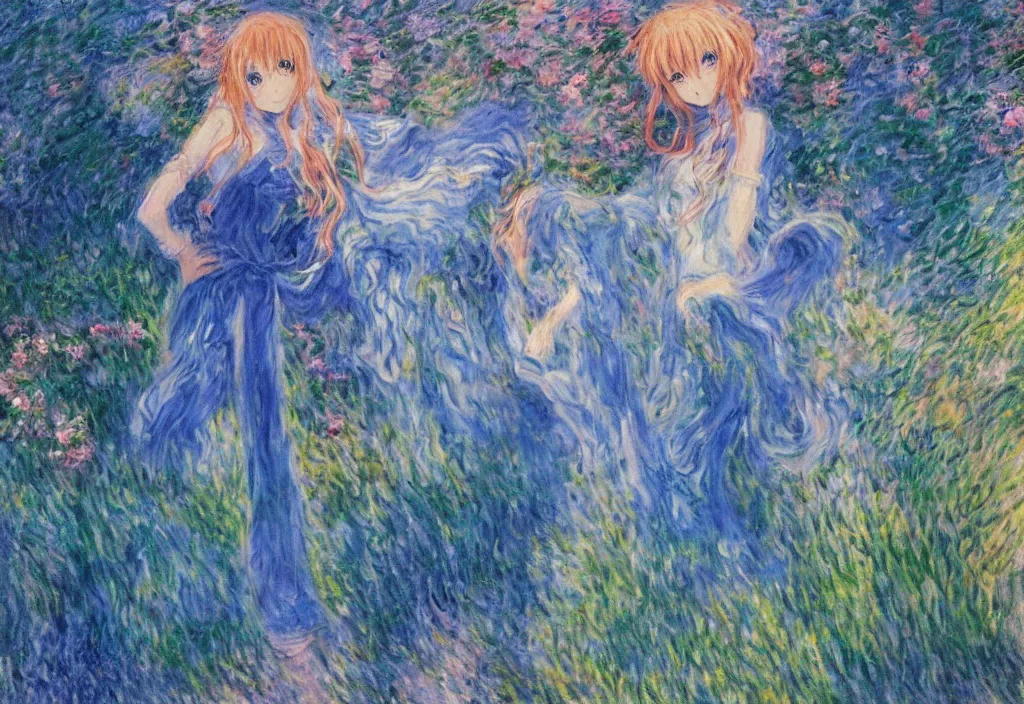 Image similar to anime scenery, blue outfit, very anime in impressionist style, trending artwork, anime painter studio, by claude monet