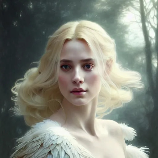 Image similar to portrait painting of a beautiful blonde woman with a kind face wearing a feathered cloak and a fancy silk white dress, ultra realistic, concept art, intricate details, eerie, highly detailed, photorealistic, octane render, 8 k, unreal engine. art by artgerm and greg rutkowski and charlie bowater and magali villeneuve and alphonse mucha