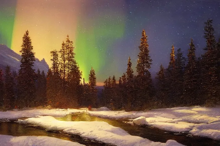 Prompt: mountains, trees, beautiful nature, winter, night, northern lights, stars, very detailed, focused, cinematic lighting, oil painting, colorful, canvas, artstation, Sydney Mortimer Laurence, Albert Bierstadt