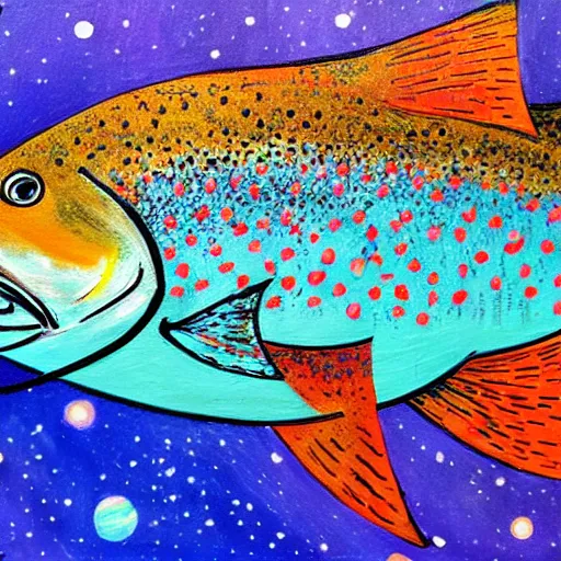 Image similar to a painting of a trout swimming in outer space, naushadarts