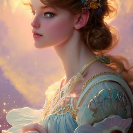 Prompt: Portrait of magical girl, dreamy and ethereal, pastel blue eyes, peaceful expression, ornate frilly dress, fantasy, intricate, elegant, dynamic lighting, highly detailed, digital painting, artstation, concept art, smooth, sharp focus, illustration, art by artgerm and greg rutkowski and alphonse mucha