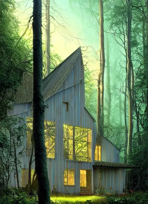 Image similar to hyper realistic witchy modern house with mood lighting and tech in the woods gorgeous lighting, sunbeams blue sky, highly detailed, lush forest foliage painting by zdzisław beksinski and norman rockwell and greg rutkowski weta studio, and lucasfilm