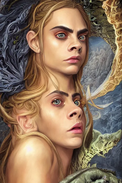 Image similar to A fantasy comic book style portrait painting of Cara Delevingne, Cory Chase, hybrid, as an Atlantean Reptilian Warrior, François Boucher, Oil Painting, Mystical Valkyrie, unreal 5, DAZ, hyperrealistic, octane render, Regal, Refined, Detailed Digital Art, RPG portrait, Michael Cheval, William-Adolphe Bouguereau, Walt Disney (1937), Steampunk, dynamic lighting, Highly Detailed, Cinematic Lighting, Unreal Engine, 8k, HD