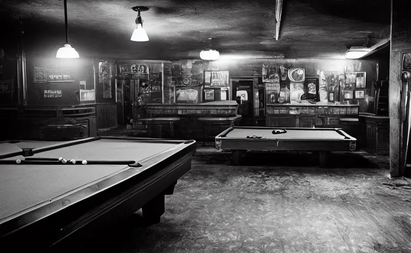 Image similar to a dark moody photography of old pool tables in a rundown 5 0 s bar in fallout new vegas by lori nix
