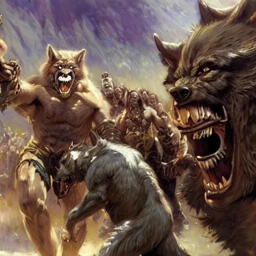Prompt: a huge 6 - meter werewolf fights an army of orcs, close - up, painting by gaston bussiere, craig mullins, j. c. leyendecker, 4 k, 8 k, trending on artstation, artstationhd, artstationhq, highest detail