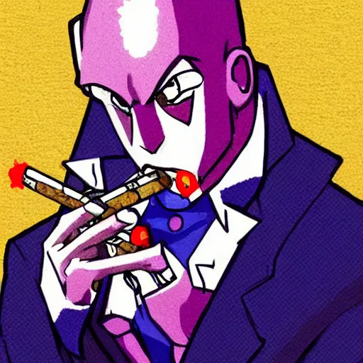 Prompt: killer queen from the jojo bizzare adventures smoking a cigarrete, by hiroyuki araki, trending on twitter