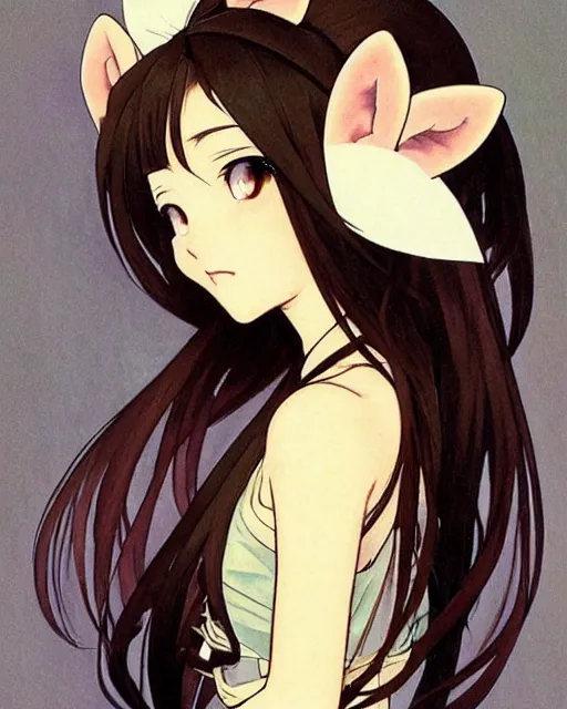 Prompt: A cute frontal painting of a very very beautiful anime skinny mousegirl with long wavy brown colored hair and small mouse ears on top of her head wearing a cute black dress and black shoes looking at the viewer, elegant, delicate, feminine, soft lines, higly detailed, smooth , pixiv art, ArtStation, artgem, art by alphonse mucha Gil Elvgren and Greg rutkowski, high quality, digital illustration, concept art, very long shot, sea of thieves illustration