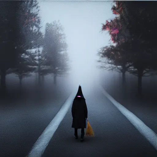 Image similar to photo - realistic, painting of a wizard walking alone in the boulevard of broken dreams, painted black, hyper detail, in the style of beeple, rule of thirds