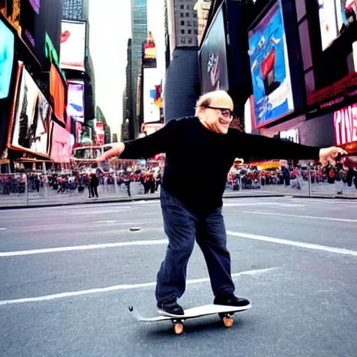 Image similar to photograph of danny devito skateboarding in times square