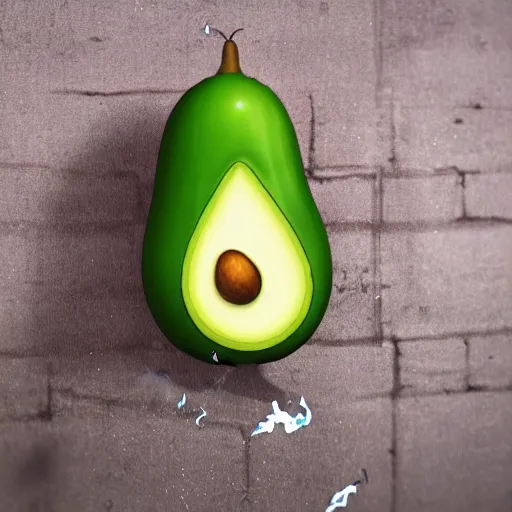 Prompt: a living avocado with a flamethrower walking down a corridor, realistic