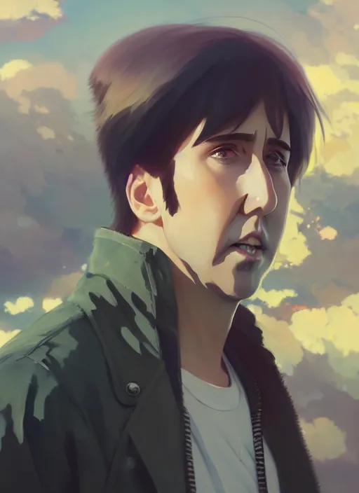 Image similar to portrait of nicolas cage, cloudy sky background lush landscape illustration concept art anime key visual trending pixiv fanbox by wlop and greg rutkowski and makoto shinkai and studio ghibli