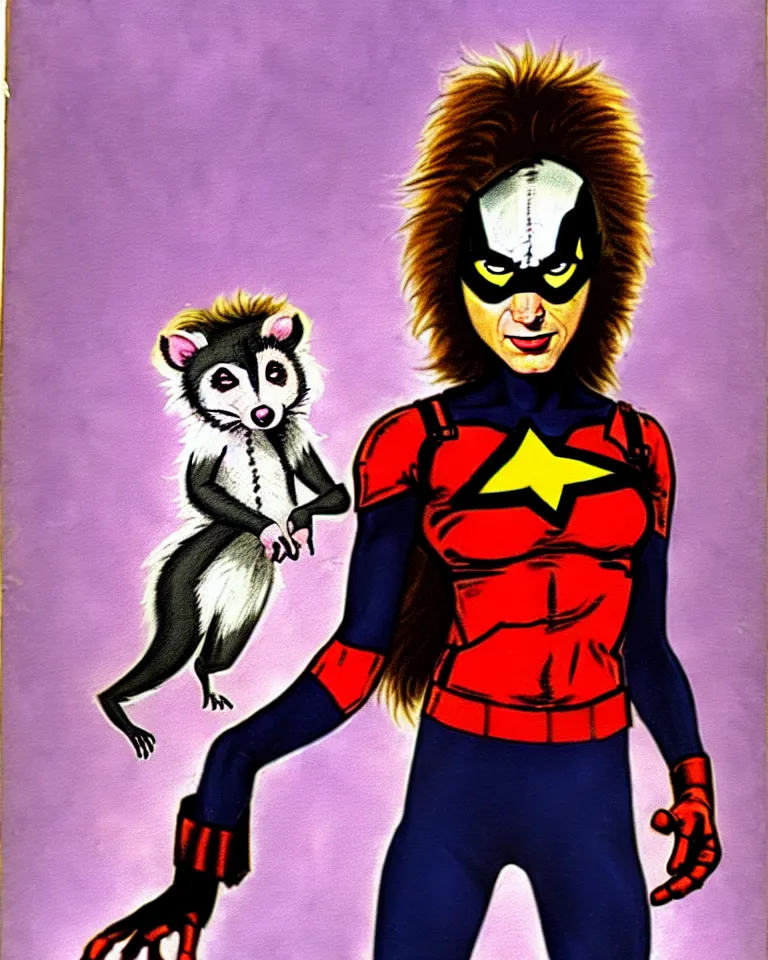 Image similar to new marvel superhero opossum girl, solo portrait, 1 9 7 0 s photo