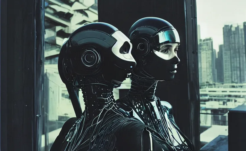 Image similar to cinestill 5 0 d photographic portrait by helen levitt of two loving female cyborgs wearing black techwear in a retrofuturist liminal office, extreme closeup, modern cyberpunk, garden terraces, 8 k, hd, high resolution, 3 5 mm, f / 3 2, ultra realistic faces, intricate detail, ex machina