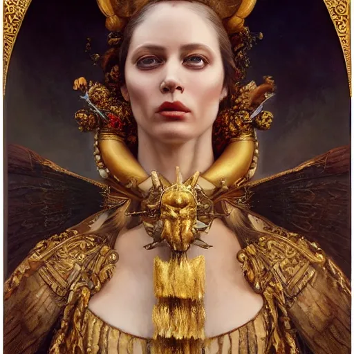 Prompt: highly detailed oil painting | very intricate | cinematic lighting | award - winning | portrait of goddess astarte dressed by alexander mcqueen | by roberto ferri, by tom bagshaw, by j. c. leyendecker and klimt, american romanticism, by austin osman spare, artstation, cgsociety, official art, octane