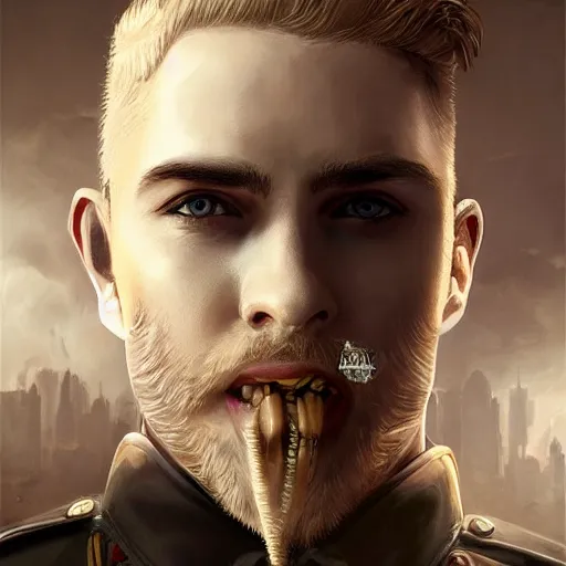Prompt: portrait painting of a police officer with pale skin short blond hair a patchy beard and vampire fangs, sharp focus, ultra realistic, concept art, intricate details, eerie, highly detailed, photorealistic, octane render, 8 k, unreal engine. art by artgerm and charlie bowater and greg rutkowski