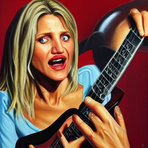 Image similar to a hyperrealistic painting of cameron diaz playing a guitar by Jason Edmiston,