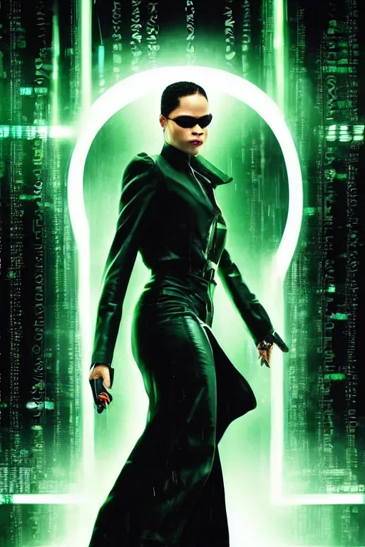 Prompt: a movie poster portrait taken from the new matrix movie featuring ( tessa thompson ) with beautiful long black braids, wearing futuristic sun glasses and black leather trench coat, green matrix computer code and light beams flash in the background, extremely detailed, extremely symmetrical facial features, by kevin fiege 8 k