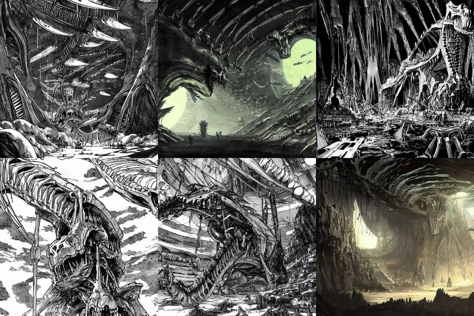 Prompt: a fantasy cave made of dinosaur skeleton with spaceships in a dark cloud by tsutomu nihei