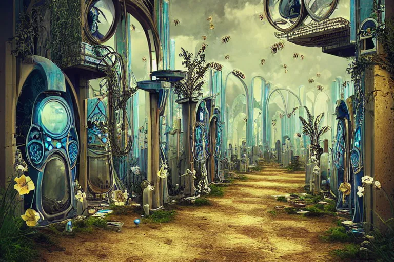 Prompt: elegance futuristic watery favela graveyard honeybee hive, art nouveau environment, industrial factory, award winning art, epic dreamlike fantasy landscape, ultra realistic,