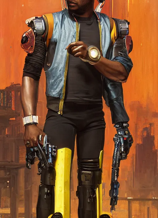 Prompt: Chidi Igwe. Strong Cyberpunk mechanic with robotic legs. (Cyberpunk 2077, bladerunner 2049). handsome face. Iranian orientalist portrait by john william waterhouse and Edwin Longsden Long and Theodore Ralli and Nasreddine Dinet, oil on canvas. Cinematic, vivid colors, hyper realism, realistic proportions, dramatic lighting, high detail 4k