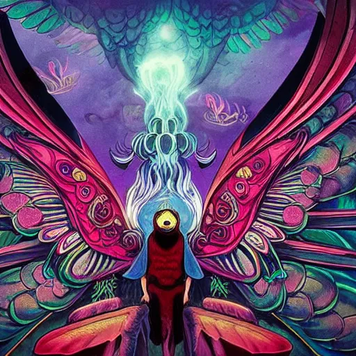 Image similar to A centered chest up portrait of a psychedelic godlike mothman with giant mandala wings smoking a hand-rolled cigarette smoking heavily , magic mushroom village in background , award winning. superb resolution. in the art style of junji Ito and greg rutkowski . Detailed Mushroom city in background. Hyper realistic anime. Perfect art. Dalle2