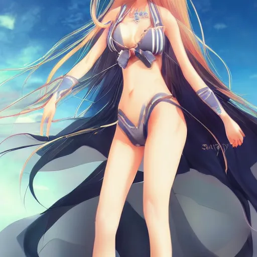 Image similar to a very beautiful mature yuuki asuna, full body, long wavy blond hair, sky blue eyes, full round face, bikini, miniskirt, front view, cute pose, highly detailed, cinematic wallpaper by stanley artgerm lau