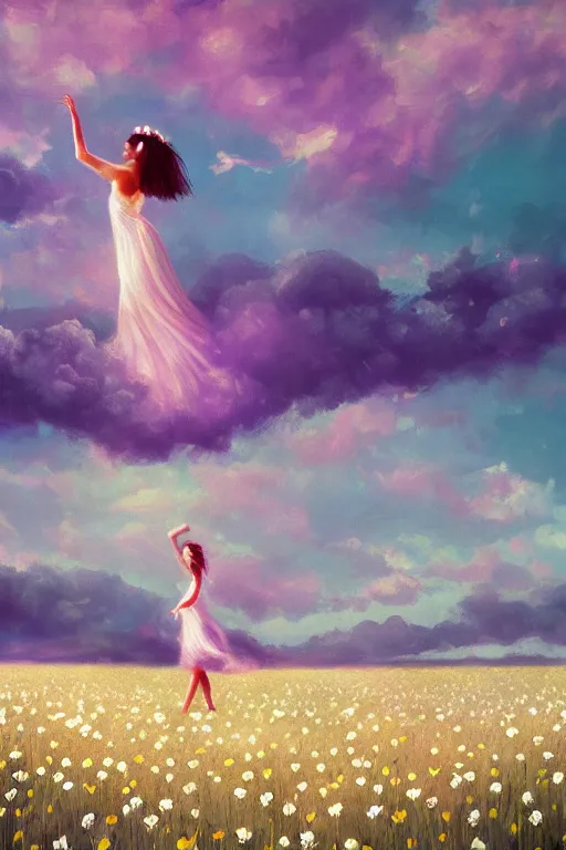 Prompt: veil giant white daisy flower as face, girl dancing in a flower field, surreal photography, sunrise, dramatic light, impressionist painting, colorful clouds, digital painting, artstation, simon stalenhag