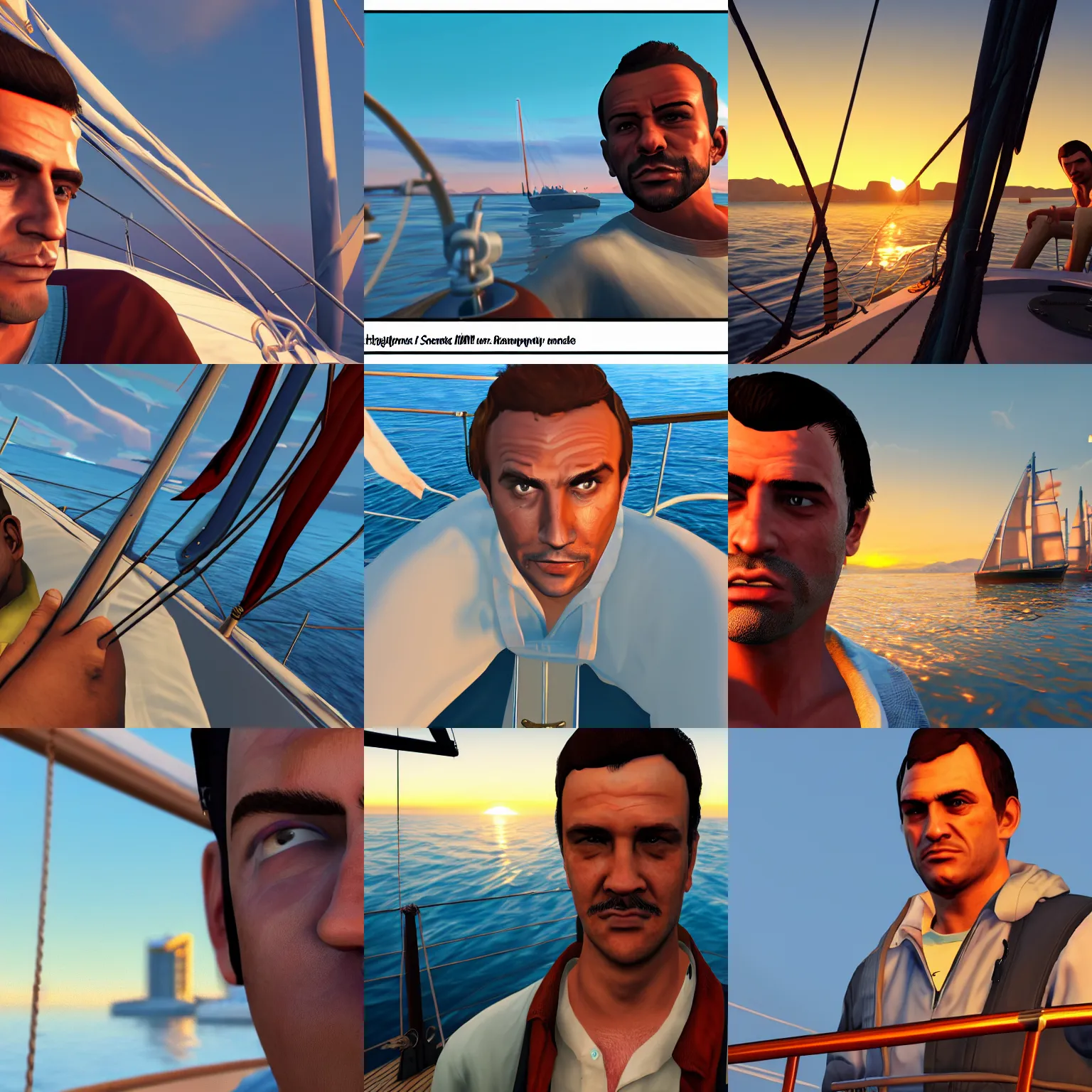 Prompt: Man in his twenties on a sailing boat, close up, highly detailed, sunset, GTA V character